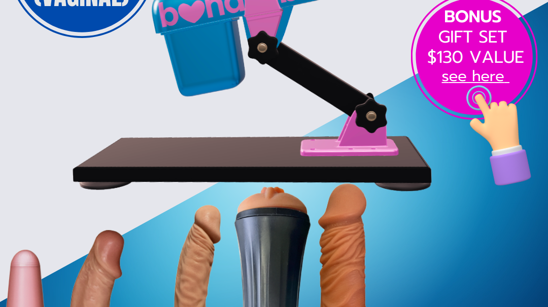 Couple relaxing in bedroom with remote-controlled sex machine featuring simple one-touch controls