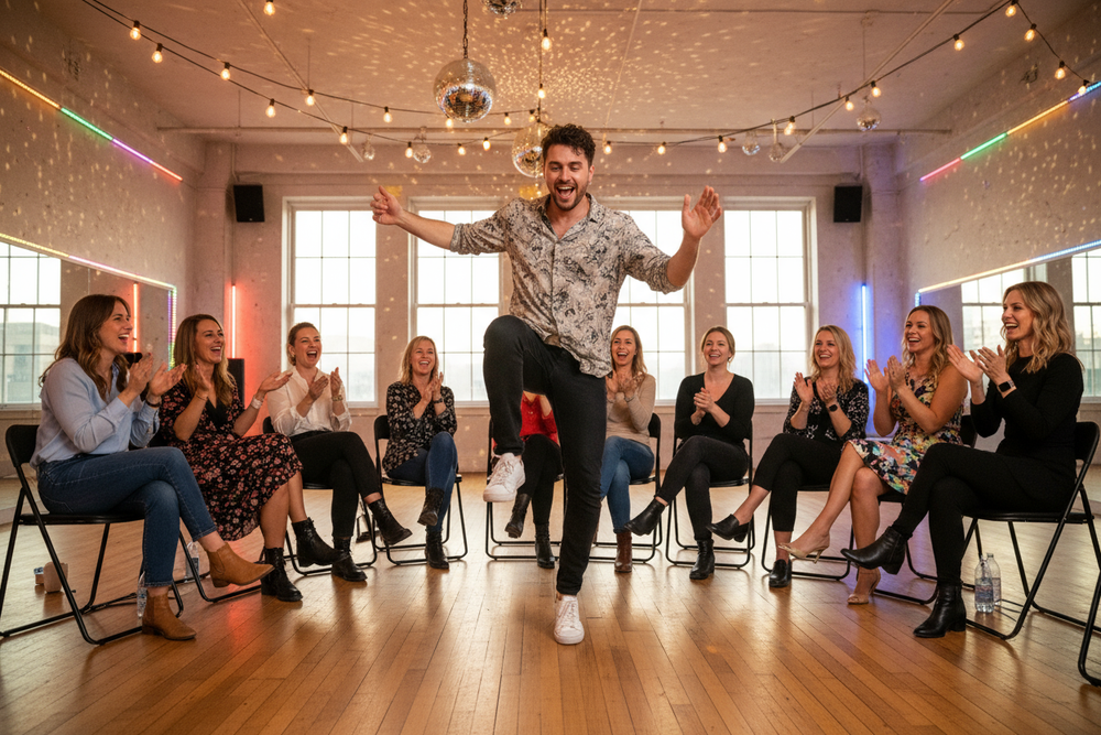 a man dancing in front of women